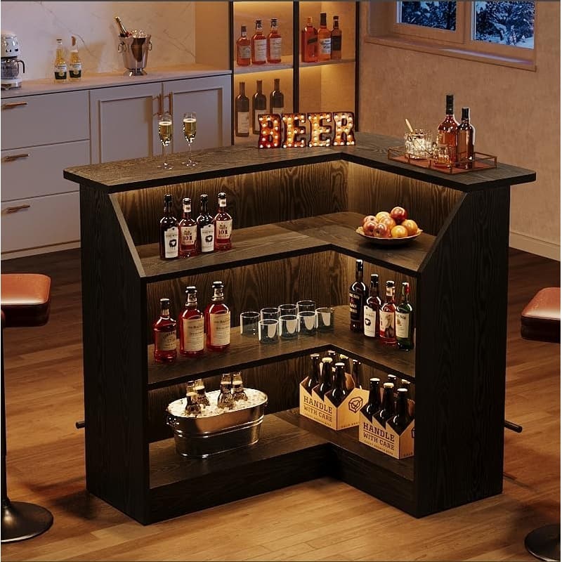 Bar Table, Home Bar Unit with Footrest, Counter Height Pub Table with Storage Shelves for Basement, Living Room, Dining Room