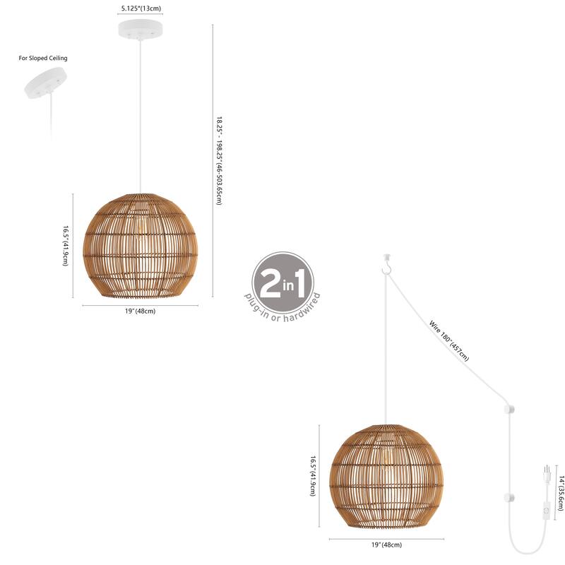 Lucas 1-Light Farmhouse Coastal 180" Cord Plug-In or Hardwired LED Pendant, by JONATHAN Y