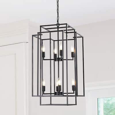 18" Modern 8-Light Black Geometric Pendant Chandelier, Industrial Metal Frame, Adjustable Hanging Light for Living Room
