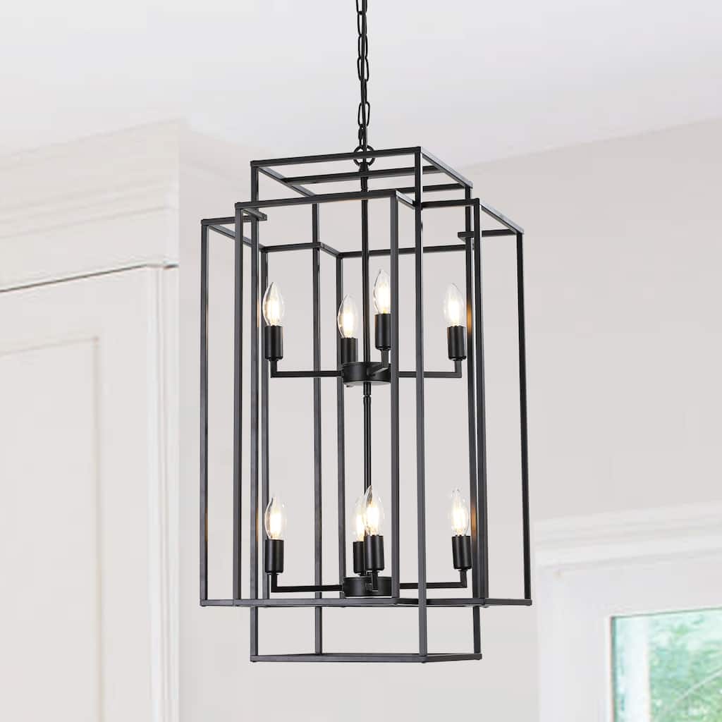18" Modern 8-Light Black Geometric Pendant Chandelier, Industrial Metal Frame, Adjustable Hanging Light for Living Room
