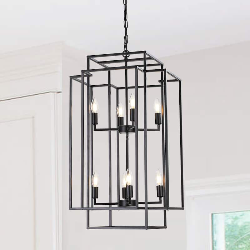 8-Lights Lantern Tiered Pendant Light Fixtures, Industrial Farmhouse Hanging Chandelier - Black
