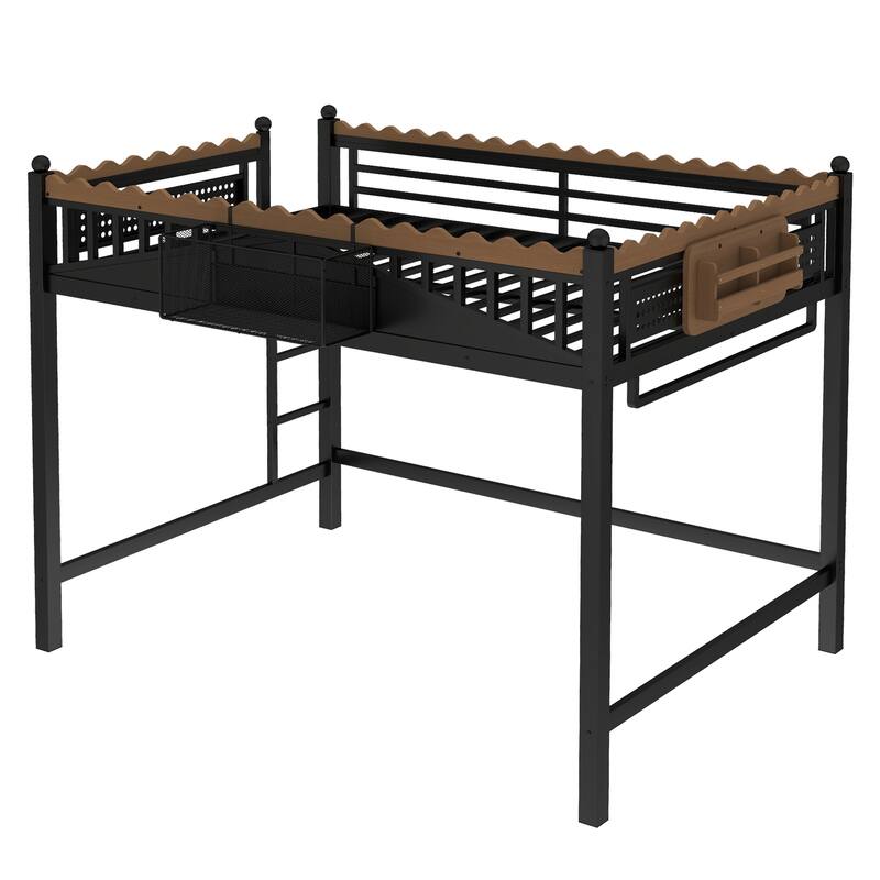 Modern Metal Loft Bed with Shelves & Bookshelf, Ladder Entry, No Box Spring Needed, Multi-Size