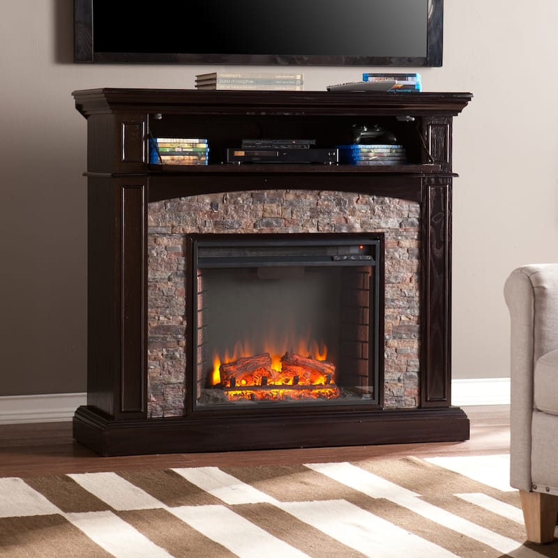 45.75 in. Freestanding Wood Smart Electric Fireplace TV Stand in Brown with wood finish cabinet style