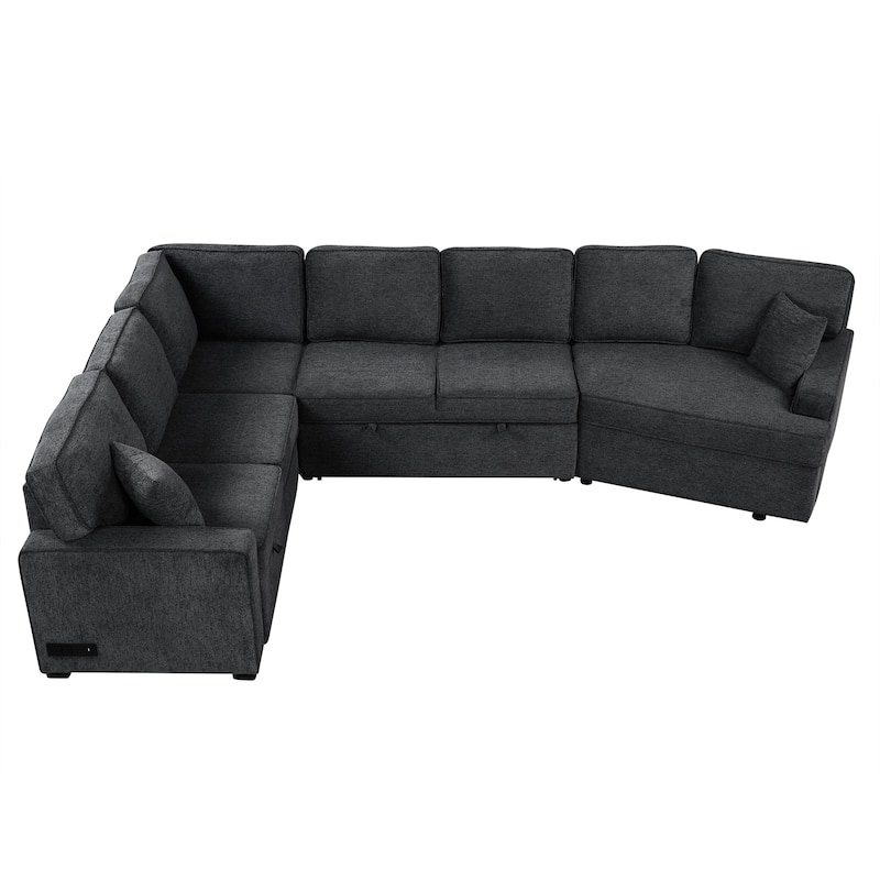 126" L-shaped Blue Black Pull-out Sectional Sofa Bed with Chargers, Cup Holders, Chenille Upholstery