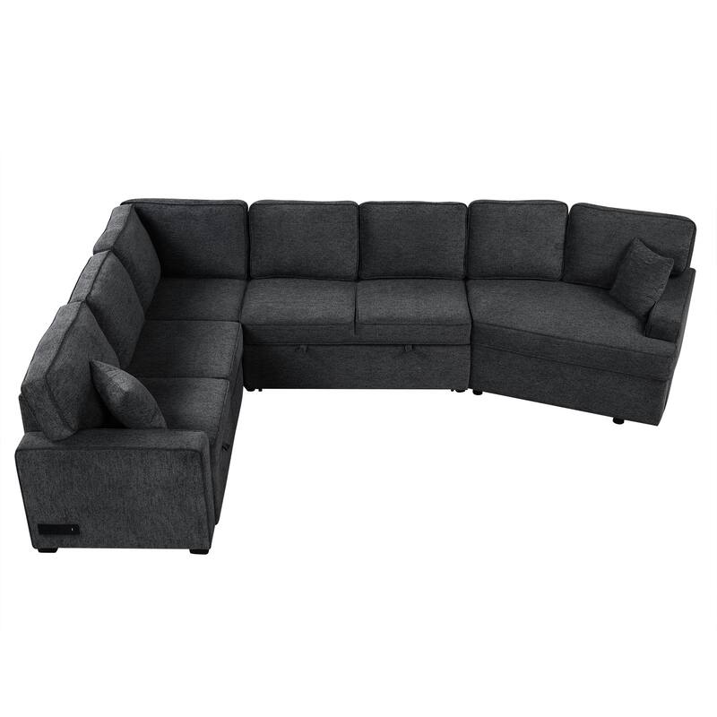 Black 126" L-Shaped 6-Seat Sectional Sofa with Pull-Out Bed and USB Charging Ports, Includes Drop-Down Cup Holders