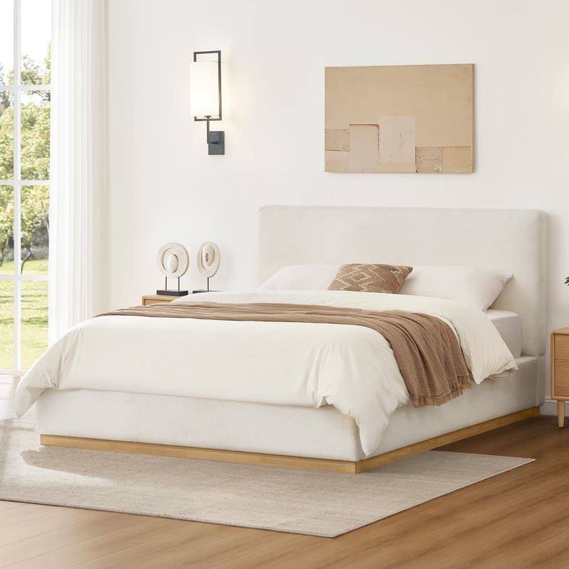 Spruce & Spring Modern Boucle Upholstered Platform Bed with Solid Wood Frame