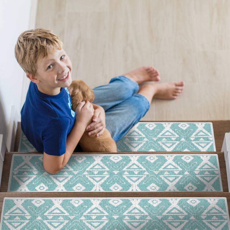 SussexHome Hairband Design 9" X 28" Stair Treads - 70% Cotton Anti-Slip Carpet Strips for Stairs-with Double Adhesive Tape - 7 PACK - Light Teal