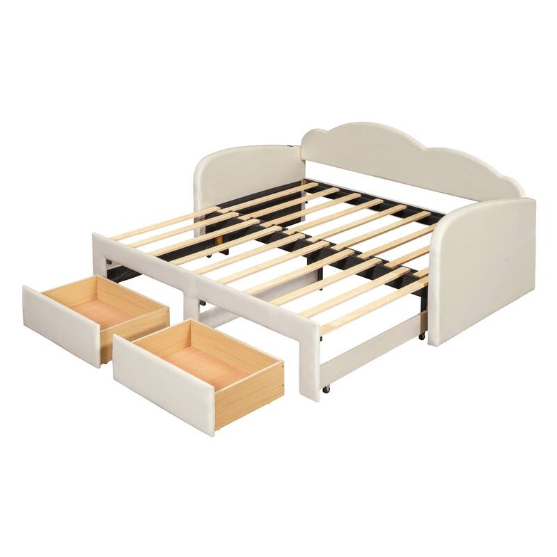 Twin Size Upholstered Daybed with 2 Storage Drawers and Trundle, Velvet Sofa Bed Frame with Cloud-Shaped Backrest and USB Ports