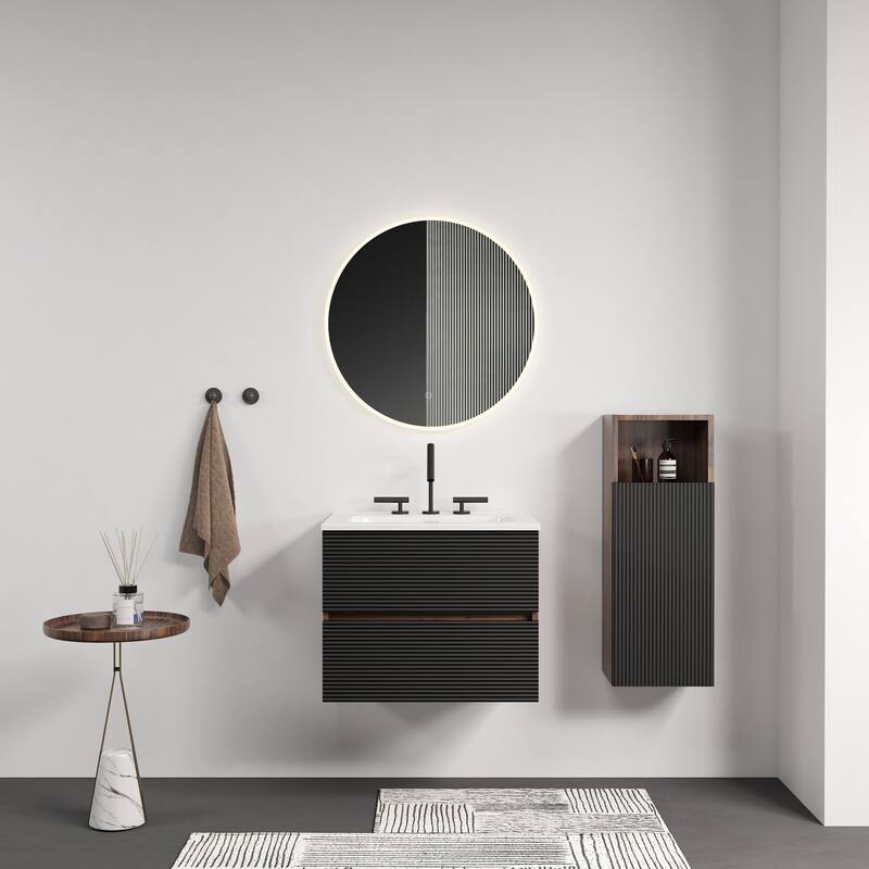 24" Wall-Mounted Bathroom Vanity with Integrated Ceramic Sink & Overflow, Large Storage Floating Vanity - Black+Brown