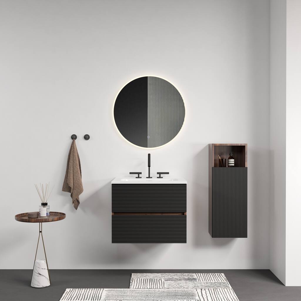 24" Wall Mounted Soft Black & Walnut Bathroom Vanity with Integrated Ceramic Sink with Overflow, with 3 holes