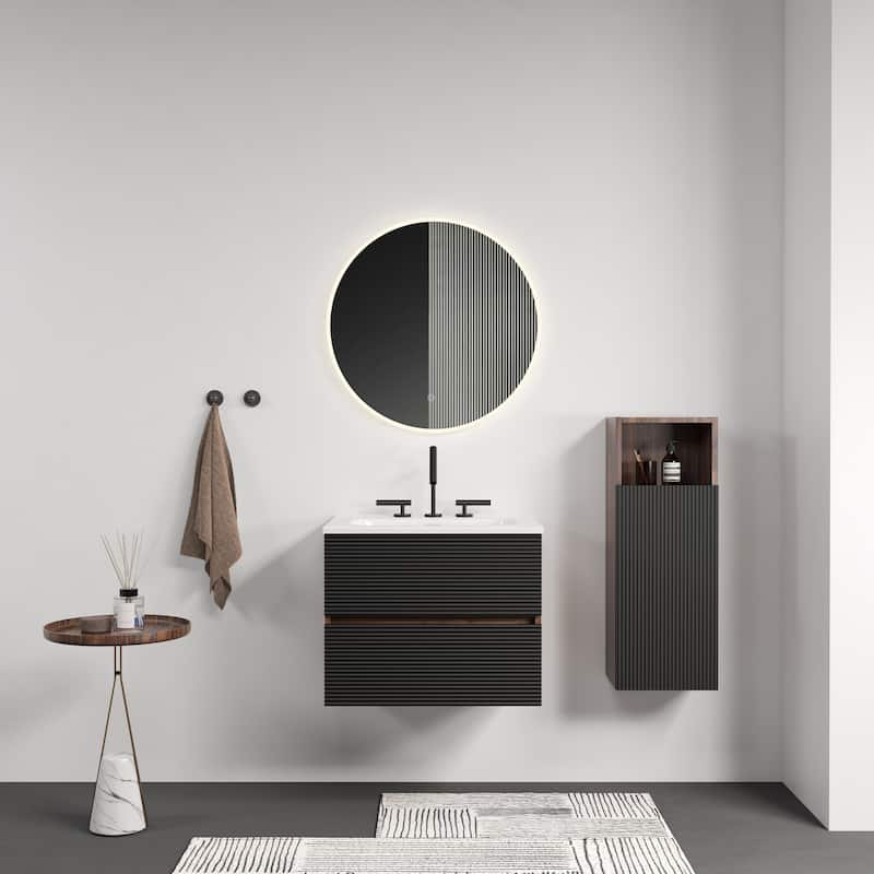 GDFStudio - Gloria Modern Wall-Mounted Floating Bathroom Vanity with Integrated Ceramic Basin & Soft-Close Drawers - 24" - Black+Brown+3 faucet holes