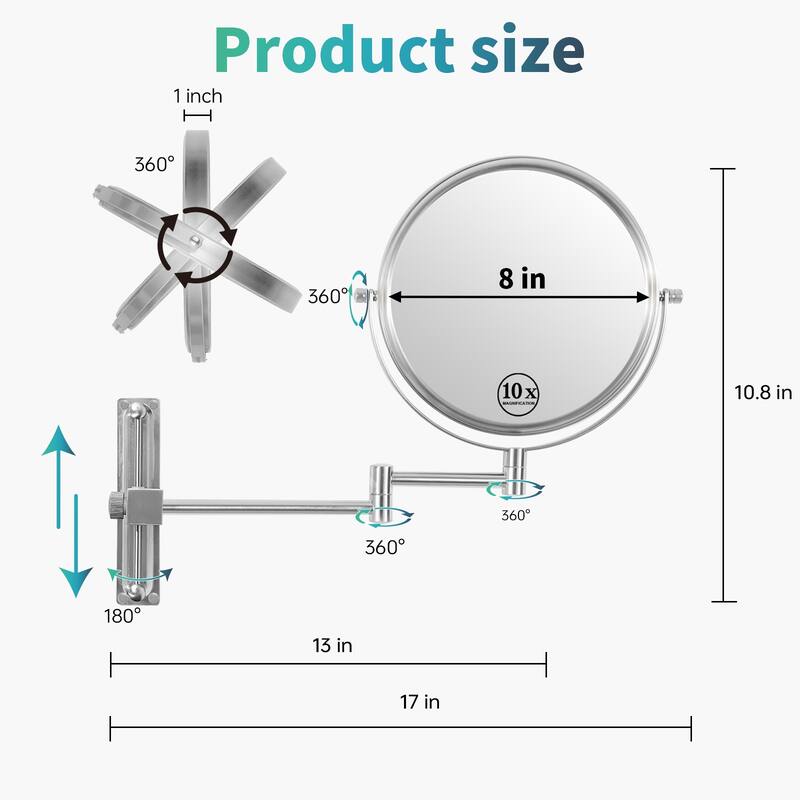8 inch Wall Mounted Round Frame Makeup Mirror, 1X/10X Magnifying, Height Adjustable