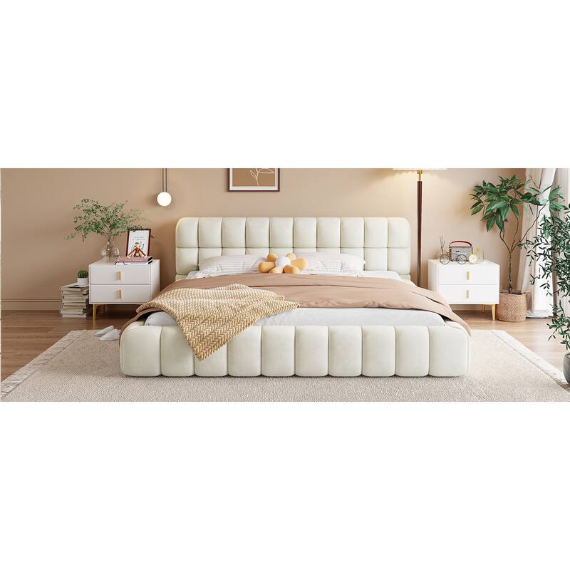 Roomfitters King Size Upholstered Platform Bed, Low Profile Fabric Bed Frame with Solid Wood Support