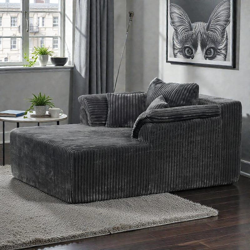 60 Inch Chaise Lounge Chair Indoor, Oversized Corduroy Boneless Sofa Bed with Deep Seat, No Assembly Required