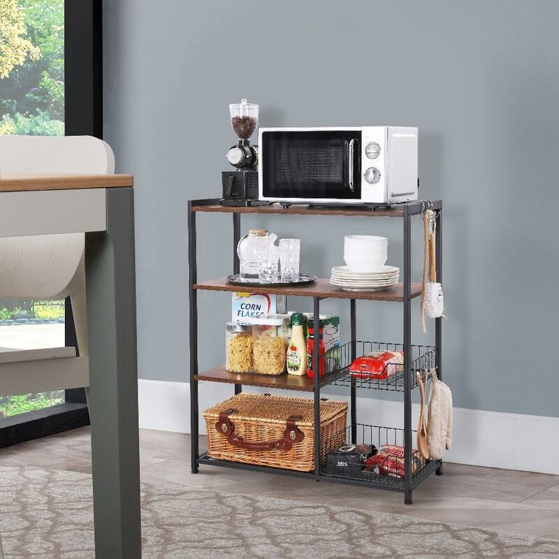 2 Mesh Basket and 6 Hooks Wood and Metal Frame Bakers Rack, Brown and Black - 37.4 H x 13.8 W x 31.5 L Inches