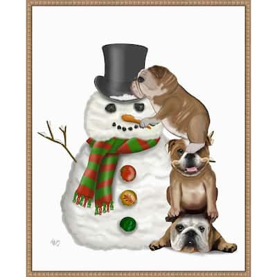 Christmas English Bulldogs Building Snowman by Fab Funky (23 x 28 in.), Framed Canvas Wall Art Print