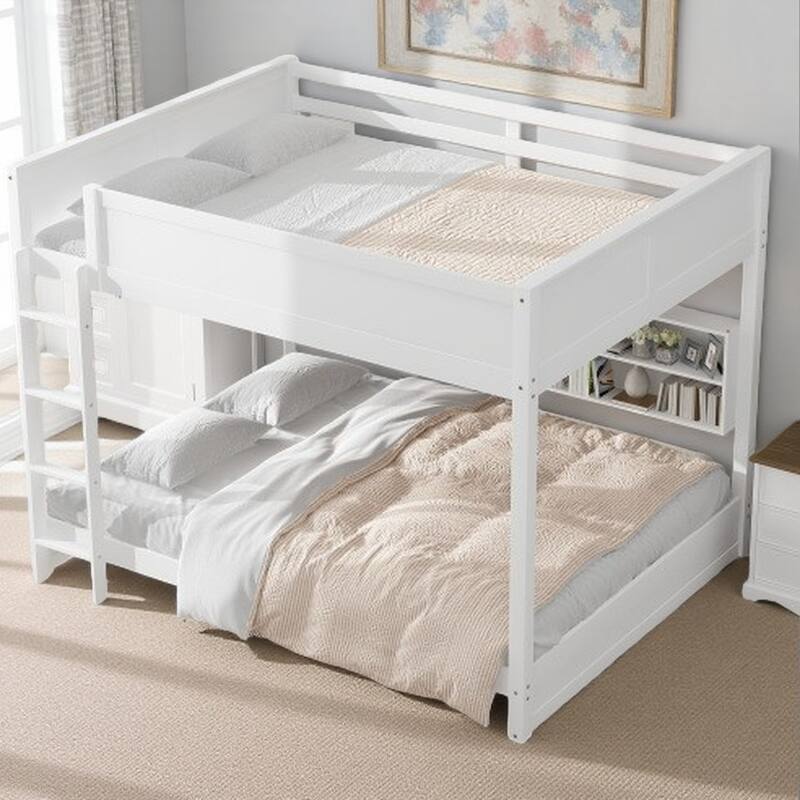 Queen Over Queen Bunk with Built-in Charging Ports, Shelving & Guardrails, Wood Construction - White