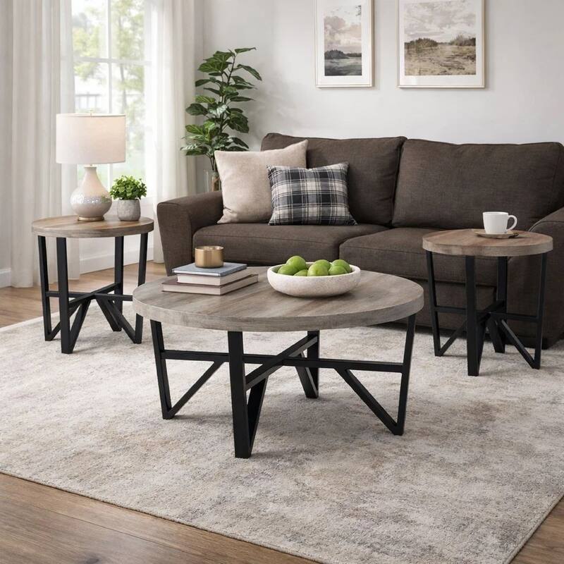 Hya 3pc Coffee and End Table Set, Brown Wood Round Top, Black Angular