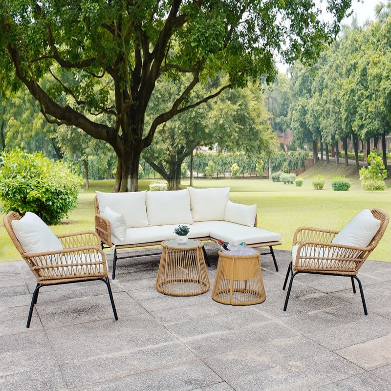 6-Piece Boho Wicker Patio Furniture Set, L-Shaped Sectional Sofa with Ice Bucket, 500 lbs Capacity Outdoor Conversation Set