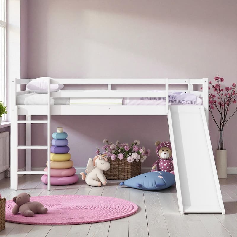 Twin Low Loft Bed with Slide and Ladder, Solid Rubber Wood Loft Bed with Guardrails and Underbed Play or Storage Space