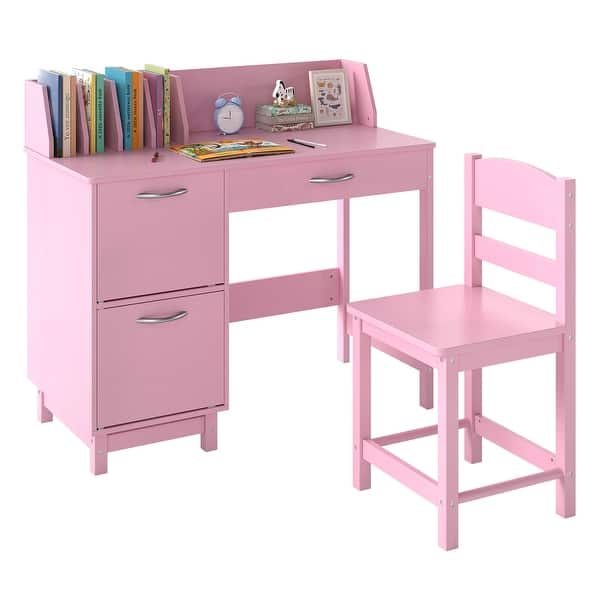 slide 2 of 10, Gymax Kids Study Desk & Chair Set w/Chair 2 Storage Cabinets Drawer 4 Pink