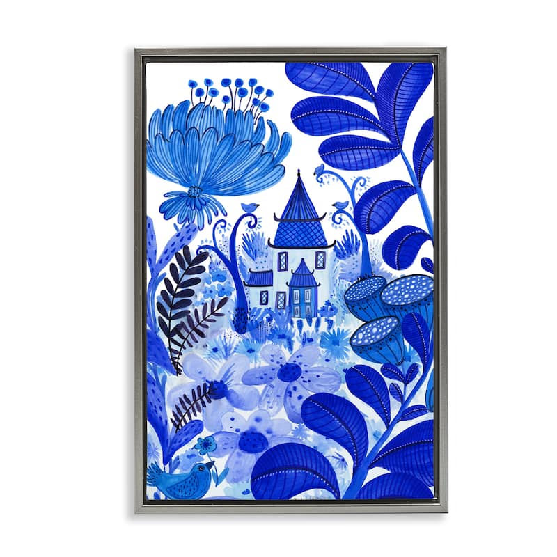 Stupell Whimsical Blue Folk Garden Framed Floater Canvas Wall Art Design By Kay Widdowson - 17 x 25 - Grey