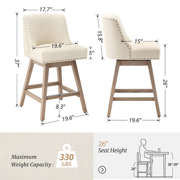 dimension image slide 5 of 8, 26 in. Fabric Upholstered Counter Height Swivel Bar Stool with Footrest - 19.6"D x 19.6"W x 37"H