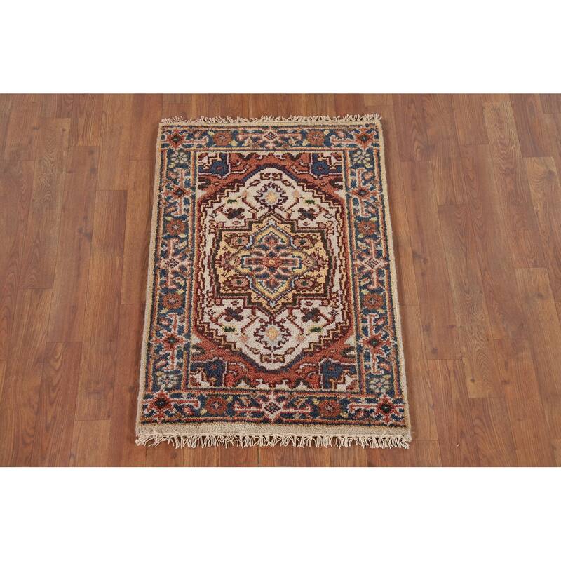 Heriz Serapi Indian Accent Rug Hand-Knotted Beige Wool Carpet - 2'0" x 3'0"