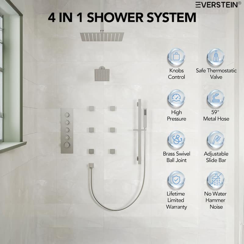 Thermostatic Rainfall Shower System with Handheld Spray, 16" & 6" Dual Shower Head and 6 Body Jets