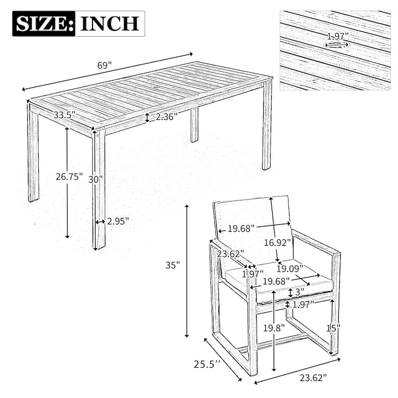 7-Piece Outdoor Patio Acacia Wood Dining Set with Umbrella Hole and 6 Cushioned Armchairs