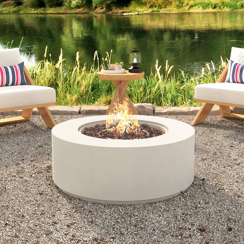 38.2" Round Outdoor Propane Fire Pit, Outside Fire Pit Table with 50000 BTU, Steel Burner, Lava Rocks, Waterproof Cover - White