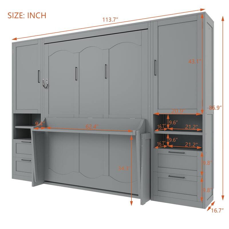 Foldable Bed Frame Wooden Murphy Bed Queen Size Wall Bed Cabinet with Wardrobe and Storage Drawers for Bedroom or Guest Room