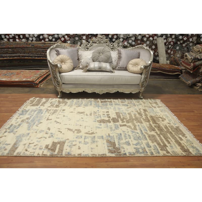 Hand-knotted Modern Wool Beige Abstract Area Rug Oriental Carpet - 8' 3'' X 5' 6''