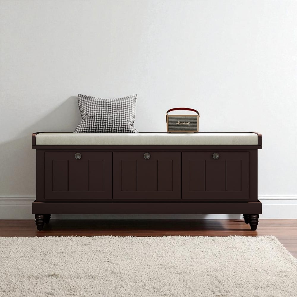 Classic Entryway Shoe Bench with Cushion and 3 Drawers, Fluted Storage Bench with Hidden Compartment and Rubber Wood Legs