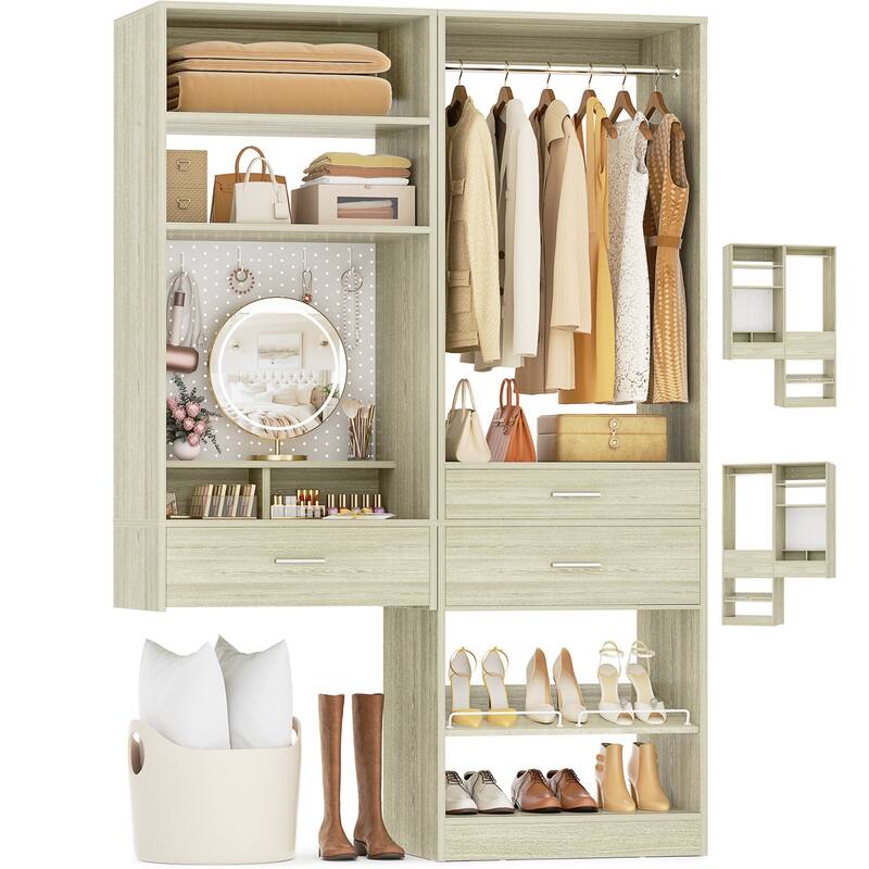 Set of 2 Closet System with Hanging Rod and Shoe Rack,Walk-in Closet Organizer with Drawers and Magnetic Pegboard - White Oak