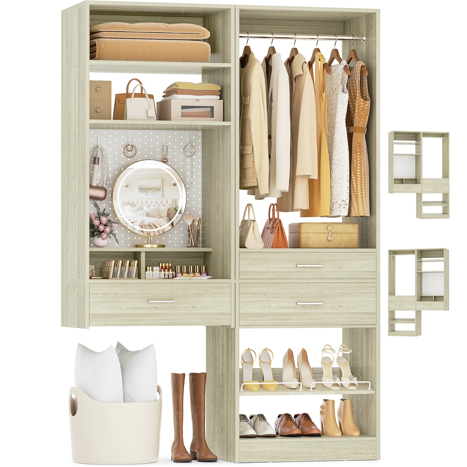 Set of 2 Closet System with Hanging Rod and Shoe Rack,Walk-in