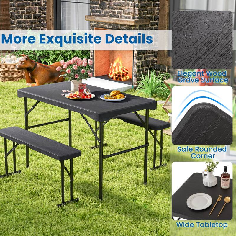 Gymax Outdoor Table Bench Set Folding Picnic Table Set w/ 2 Benches
