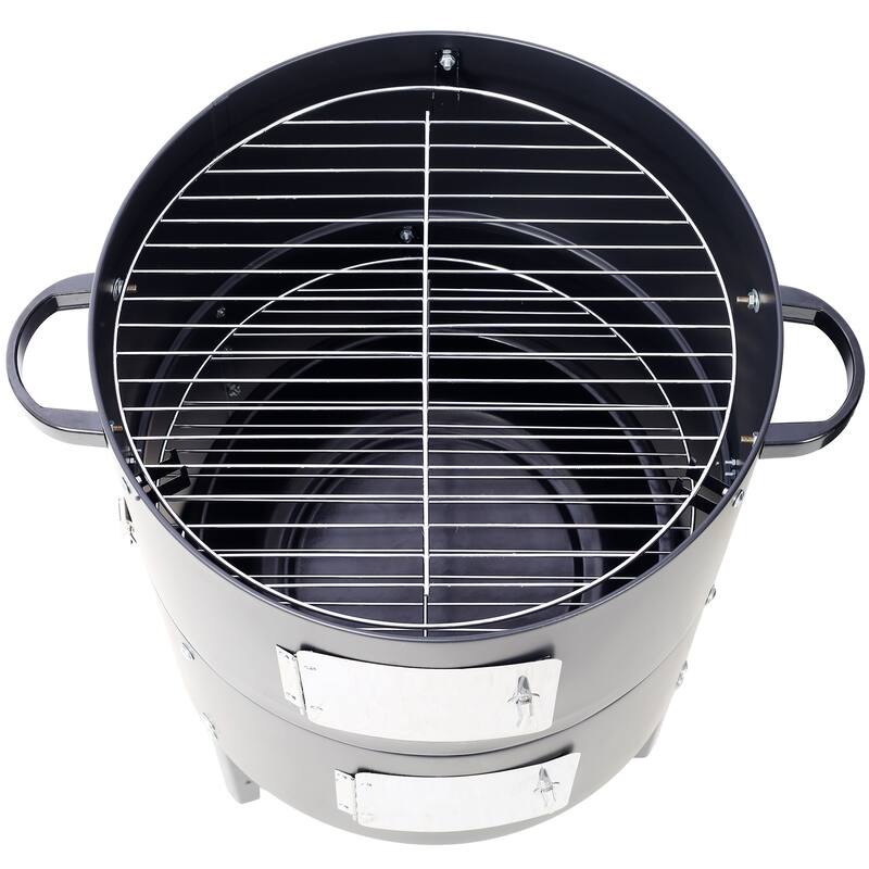 Steel Charcoal Smoker, Heavy Duty Round BBQ Grill with Thermometer and Bakelite Handles, for Outdoor Cooking, Black