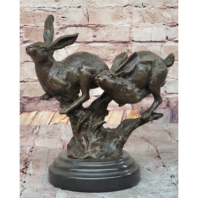 Pair Of Running Imitative Rabbits Hares Bunnies Bronze Sculpture Statue Decor Signed Original Art