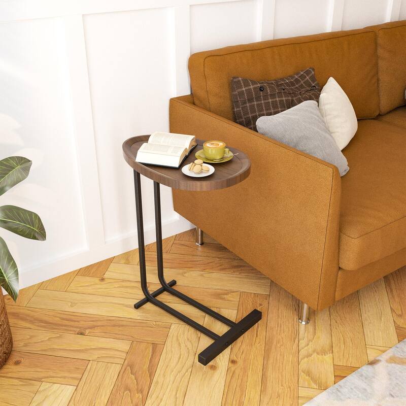 Sofa and Bedside C-Shaped Side Table, Wood C-Shaped End Table with Metal Frame Slide for Bedroom Living Room