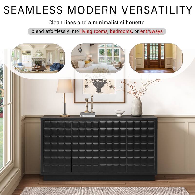 Modern 4-Door Storage Cabinet with 3D Geometric Doors, Wood Veneer & Metal Trim, Adjustable Shelves.