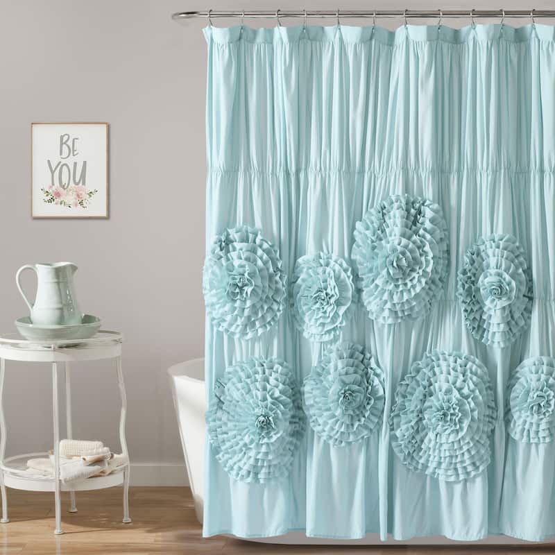 Silver Orchid Bara Ruffle Flower Trim Shower Curtain - Spa Blue