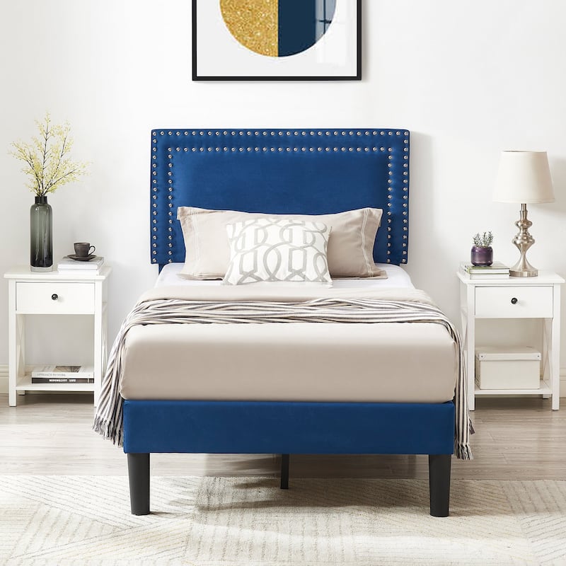 2 Pcs Upholstered Twin Size Platform Bed with Adjustable Headboard
