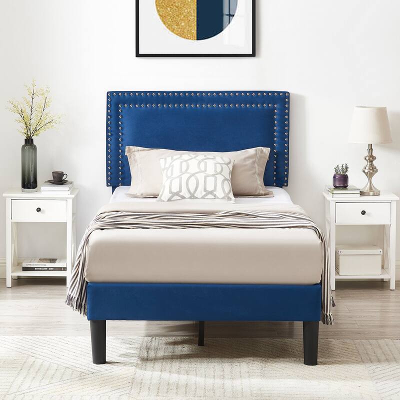Upholstered Platform Bed Frame with Adjustable Headboard, Velvet Nailhead Trim, No Box Spring Needed - Blue - Twin