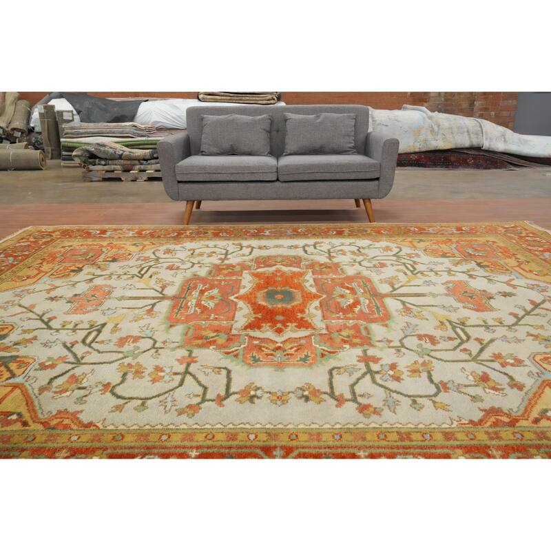 Hand Knotted Oriental 100% Wool Carpet Transitional Medallion Beige & Ivories Oushak Area Rug - 11' 9'' X 9' 0''