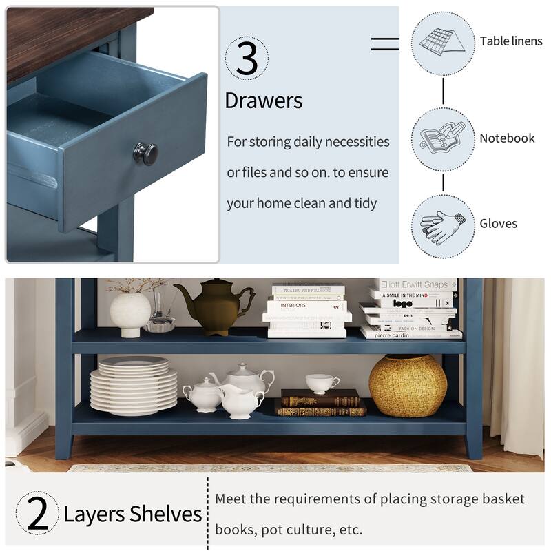 Retro Design Console Table with 2 Open Shelves and 3 Drawers