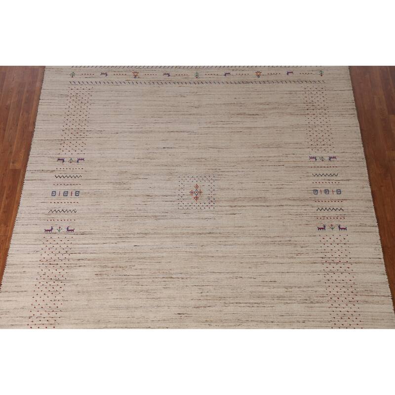 Tribal Gabbeh Indian Area Rug Hand-Knotted Oriental Beige Wool Carpet - 8'2" x 9'9"