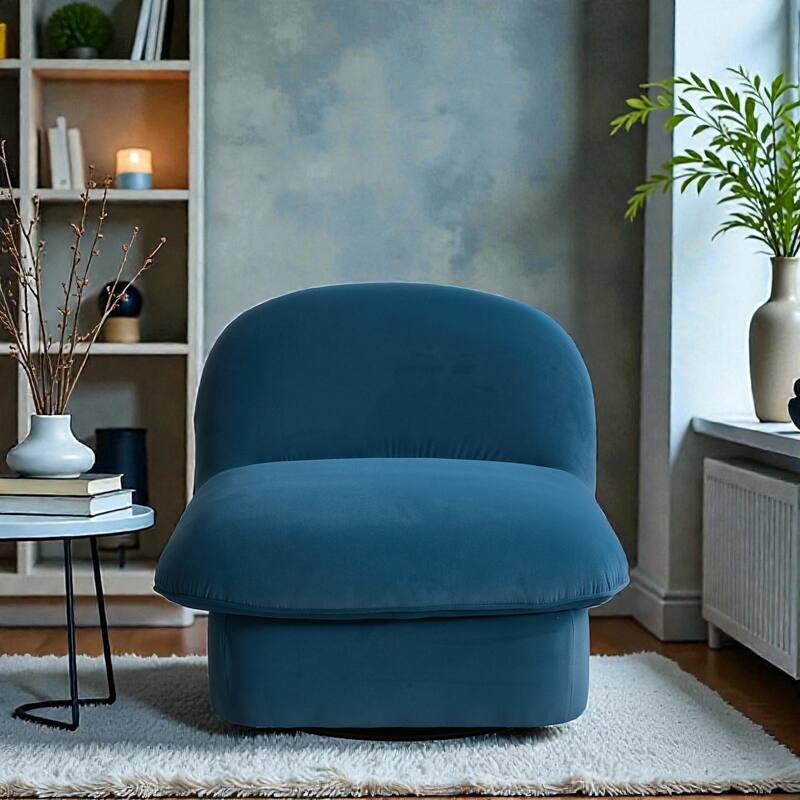 Swivel Accent Chair with 360 Degree Metal Base, Velvet Upholstered Pumpkin Chair for Living Room Bedroom