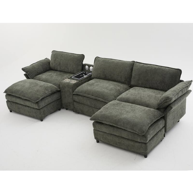 Modular Sectional Sofa, U Shaped Couch with 2 Ottomans, Storage Console & Wireless Charging, 2 Cup Holders, Bluetooth Speakers