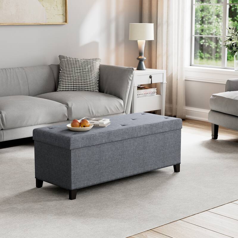 Fabric Upholstered Storage Ottoman, Bench for Entryway, Bedroom, Closet